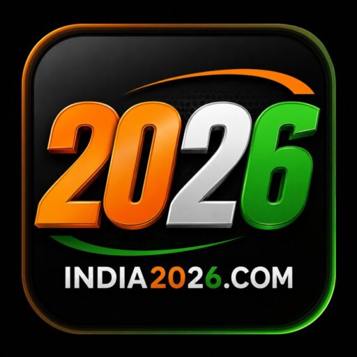 India 2026 logo with orange, white, and green 3D numbers on a black background featuring the India-2026game.com website branding.