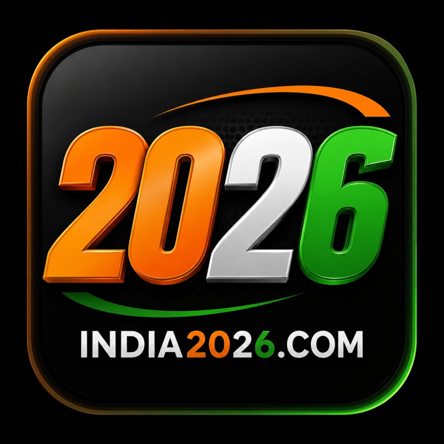 India 2026 logo with orange, white, and green 3D numbers on a black background featuring the India-2026game.com website branding.